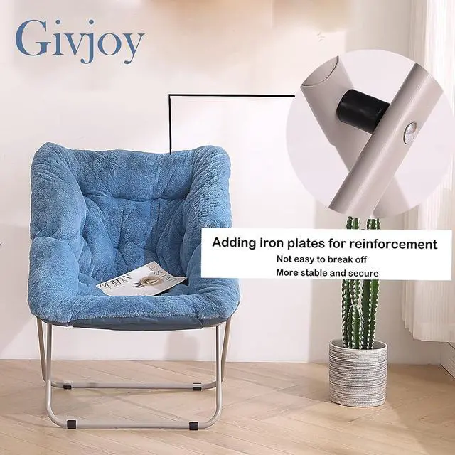 Alt view image 3 of 7 - Givjoy Saucer Chair, Soft Faux Fur Oversized Folding Accent Chair, Soft Furry Lounge Lazy Chair, Metal Frame Moon Chair for Bedroom, Living Room, Welcome to consult