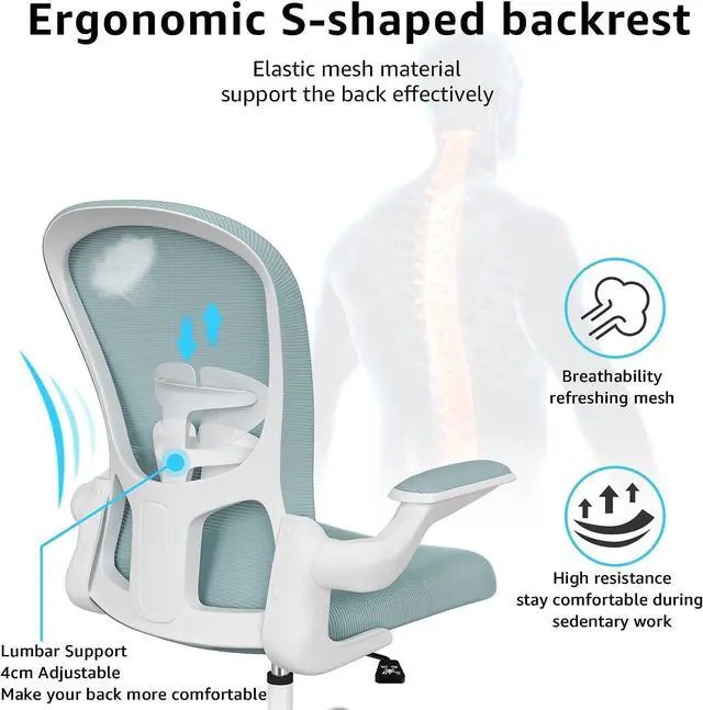 Alt view image 3 of 5 - Ergonomic Office Chair, Comfort Swivel Home Office Task Chair, Breathable Mesh Desk Chair, Lumbar Support Computer Chair with Flip-up Arms and Adjustable Height, Welcome to consult