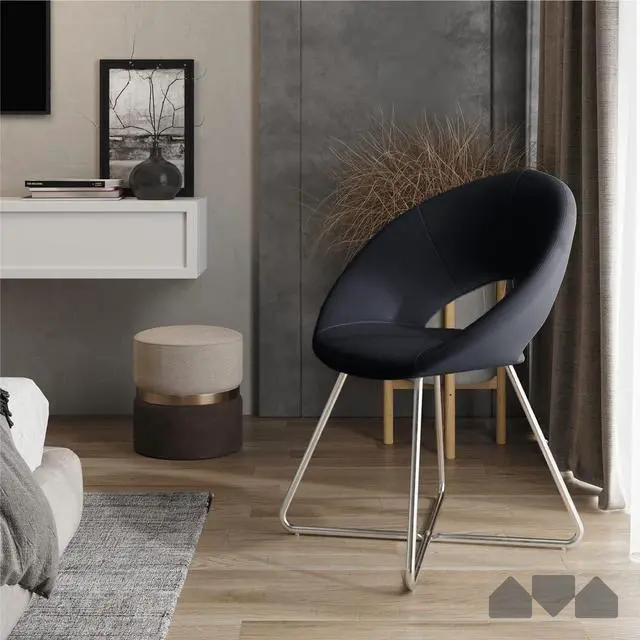 Alt view image 2 of 7 - Milliard Circle Leather Accent Chair for Living Room, Kitchen, Home Office and Bedroom, Modern Dining Room Chair with Chrome Legs (Black)