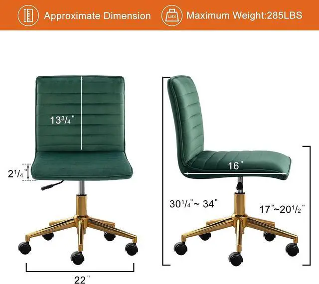 Alt view image 3 of 7 - Furniliving Velvet Home Office Chair, Armless Vanity Desk Task Chair with Wheels 360° Swivel Computer Rolling Desk Chair with Back, Adjustable Accent Chair with Gold Metal Base Stool Chair (DarkGreen)