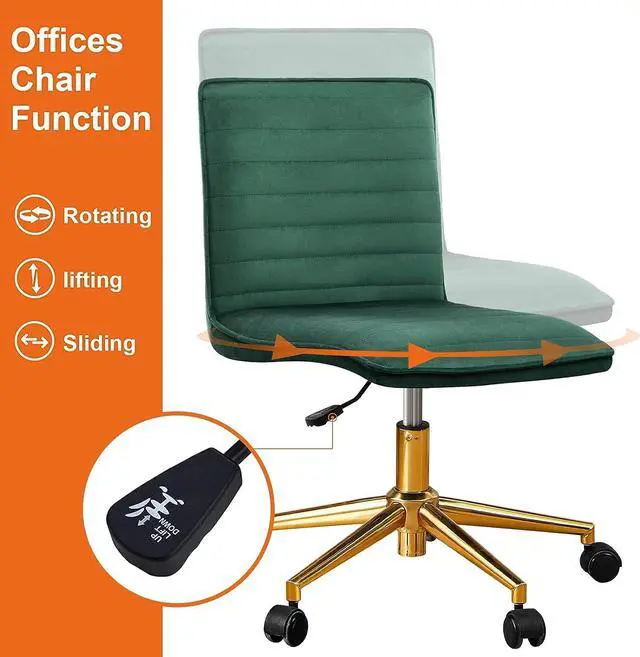 Alt view image 4 of 7 - Furniliving Velvet Home Office Chair, Armless Vanity Desk Task Chair with Wheels 360° Swivel Computer Rolling Desk Chair with Back, Adjustable Accent Chair with Gold Metal Base Stool Chair (DarkGreen)