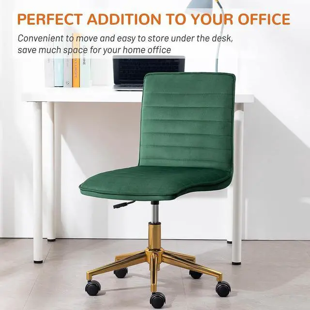 Alt view image 7 of 7 - Furniliving Velvet Home Office Chair, Armless Vanity Desk Task Chair with Wheels 360° Swivel Computer Rolling Desk Chair with Back, Adjustable Accent Chair with Gold Metal Base Stool Chair (DarkGreen)