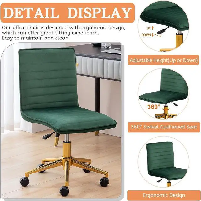 Alt view image 6 of 7 - Furniliving Velvet Home Office Chair, Armless Vanity Desk Task Chair with Wheels 360° Swivel Computer Rolling Desk Chair with Back, Adjustable Accent Chair with Gold Metal Base Stool Chair (DarkGreen)