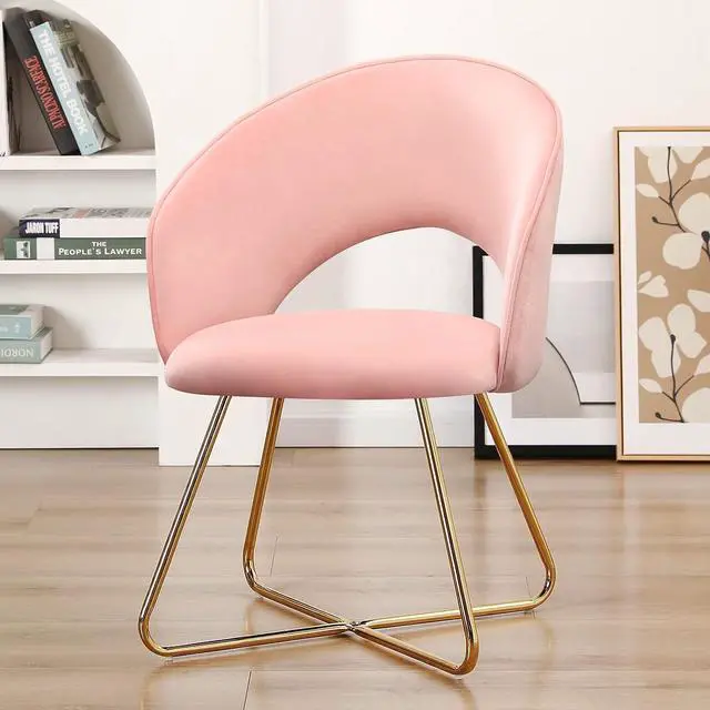 Main image of Furnimart Modern Stylish Upholstered Velvet Accent Papasan Chair, Curved Mid-Back Vanity Chair Leisure Lounge Arm Chairs with Gold Plating Legs for Bedroom Living Room Dining Room (Pink)