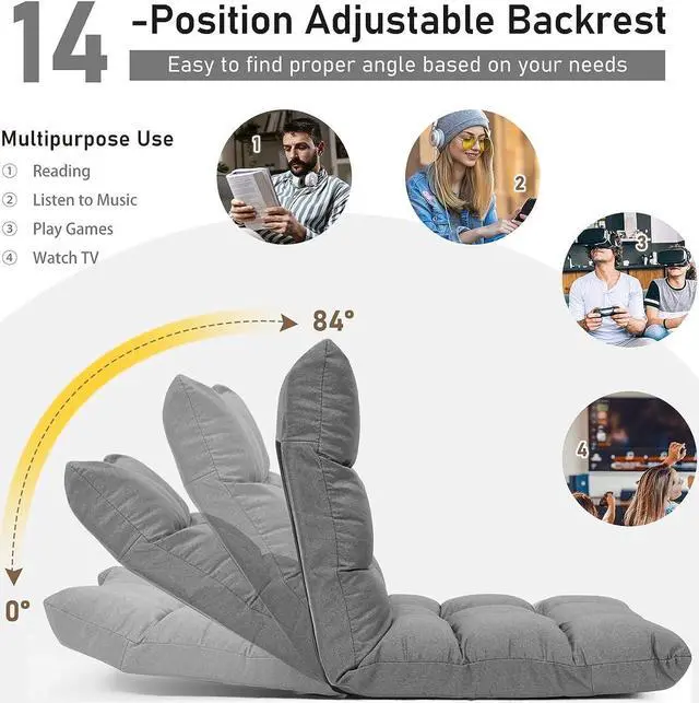 Alt view image 6 of 7 - COSTWAY Floor Chair, Folding Gaming Chair with Back Support, 14 Adjustable Positions, Alloy Steel Frame, Lazy Sofa Lounge for Playing Reading Meditating Room Recliner for Adults, Kids (Gray)