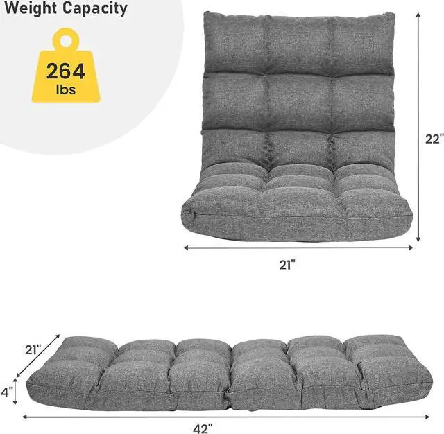 Alt view image 3 of 7 - COSTWAY Floor Chair, Folding Gaming Chair with Back Support, 14 Adjustable Positions, Alloy Steel Frame, Lazy Sofa Lounge for Playing Reading Meditating Room Recliner for Adults, Kids (Gray)