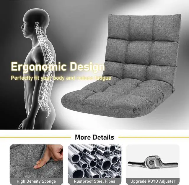 Alt view image 7 of 7 - COSTWAY Floor Chair, Folding Gaming Chair with Back Support, 14 Adjustable Positions, Alloy Steel Frame, Lazy Sofa Lounge for Playing Reading Meditating Room Recliner for Adults, Kids (Gray)