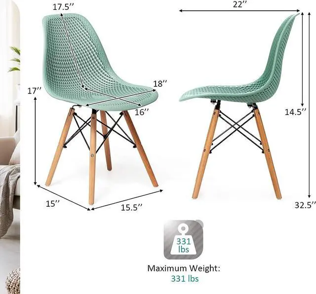 Alt view image 3 of 7 - Giantex Set of 2 Modern Dining Chairs, Outdoor Indoor Shell PP Lounge Side Chairs with Mesh Design, Beech Wood Legs, Tulip Leisure Chairs, DSW Dining Chairs for Kitchen, Dining Room, Green