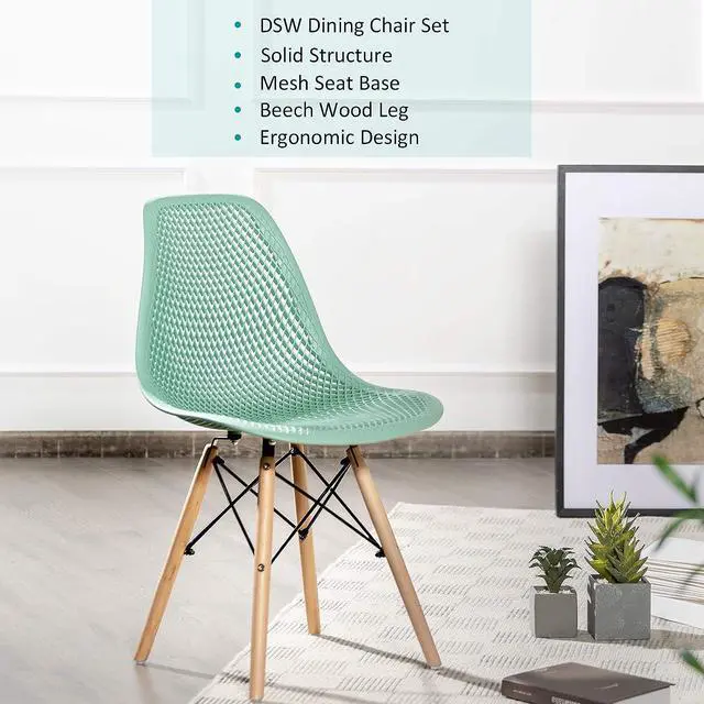 Alt view image 7 of 7 - Giantex Set of 2 Modern Dining Chairs, Outdoor Indoor Shell PP Lounge Side Chairs with Mesh Design, Beech Wood Legs, Tulip Leisure Chairs, DSW Dining Chairs for Kitchen, Dining Room, Green