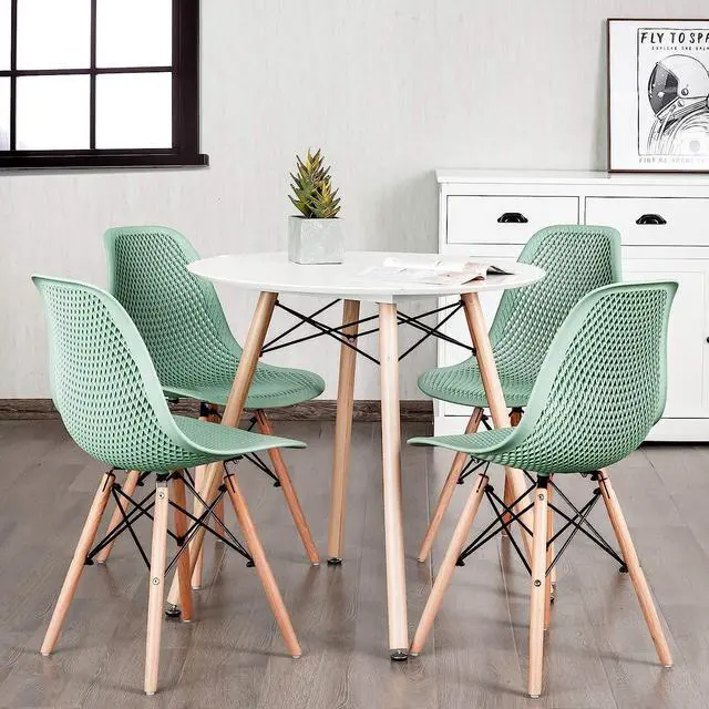 Alt view image 2 of 7 - Giantex Set of 2 Modern Dining Chairs, Outdoor Indoor Shell PP Lounge Side Chairs with Mesh Design, Beech Wood Legs, Tulip Leisure Chairs, DSW Dining Chairs for Kitchen, Dining Room, Green