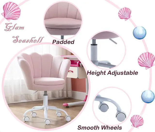 Alt view image 4 of 7 - Adjustable Kids Desk Chair Cute Reading Computer Chair for Students Modern Upholstered Velvet Swivel Rolling Armchair for Girls Bedroom, Seashell Back (Light Pink)