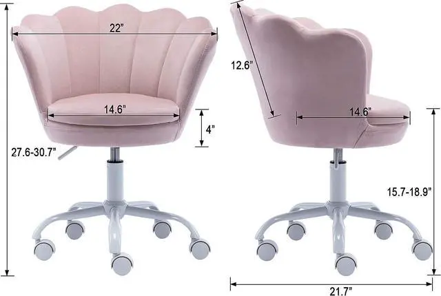 Alt view image 3 of 7 - Adjustable Kids Desk Chair Cute Reading Computer Chair for Students Modern Upholstered Velvet Swivel Rolling Armchair for Girls Bedroom, Seashell Back (Light Pink)