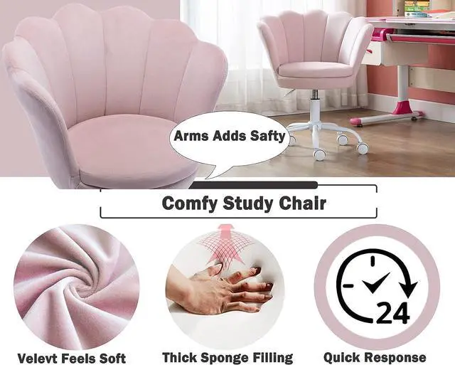 Alt view image 6 of 7 - Adjustable Kids Desk Chair Cute Reading Computer Chair for Students Modern Upholstered Velvet Swivel Rolling Armchair for Girls Bedroom, Seashell Back (Light Pink)