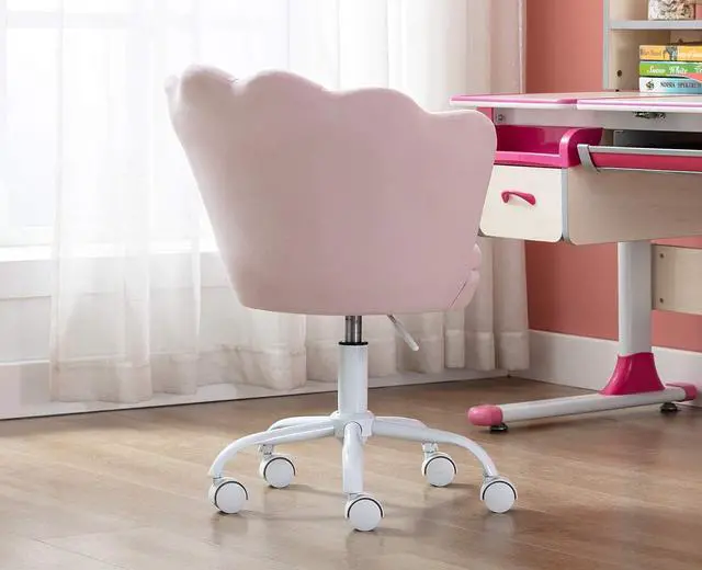 Alt view image 7 of 7 - Adjustable Kids Desk Chair Cute Reading Computer Chair for Students Modern Upholstered Velvet Swivel Rolling Armchair for Girls Bedroom, Seashell Back (Light Pink)