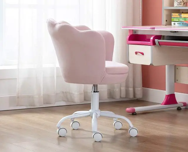 Alt view image 2 of 7 - Adjustable Kids Desk Chair Cute Reading Computer Chair for Students Modern Upholstered Velvet Swivel Rolling Armchair for Girls Bedroom, Seashell Back (Light Pink)