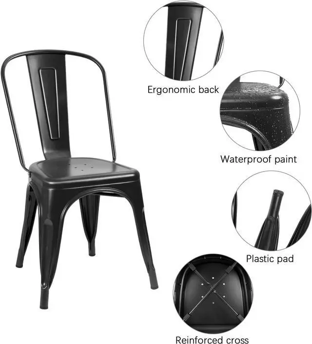 Alt view image 7 of 7 - Flamaker Metal Dining Chairs Indoor-Outdoor Use Stackable Side Chairs with Back Industrial Kitchen Classic Trattoria Chair Set of 4 (Black)