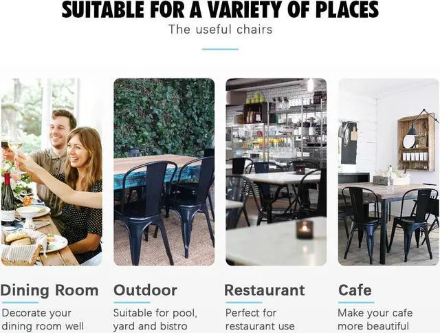 Alt view image 4 of 7 - Flamaker Metal Dining Chairs Indoor-Outdoor Use Stackable Side Chairs with Back Industrial Kitchen Classic Trattoria Chair Set of 4 (Black)