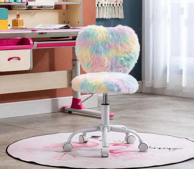 Alt view image 2 of 7 - chairus Kids Desk Chair Faux Fur Small Study Chair for Teenage Girls, Adjustable Heart Shaped Kids Vanity Chair for Bedroom Reading Living Room, Cute Student Task Chair with White Foot, Macaron