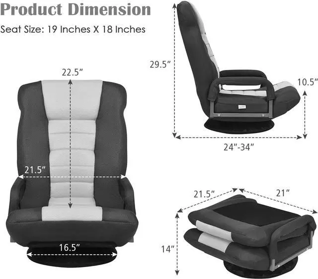 Alt view image 3 of 7 - Giantex Floor Gaming Chair, 360 Degree Swivel Floor Chair with Armrests, 6 Adjustable Position, Padded Backrest, Folding Floor Chair Rocker for Games, Lazy Sofa Lounger, Gaming Chair Floor, Black/Gray