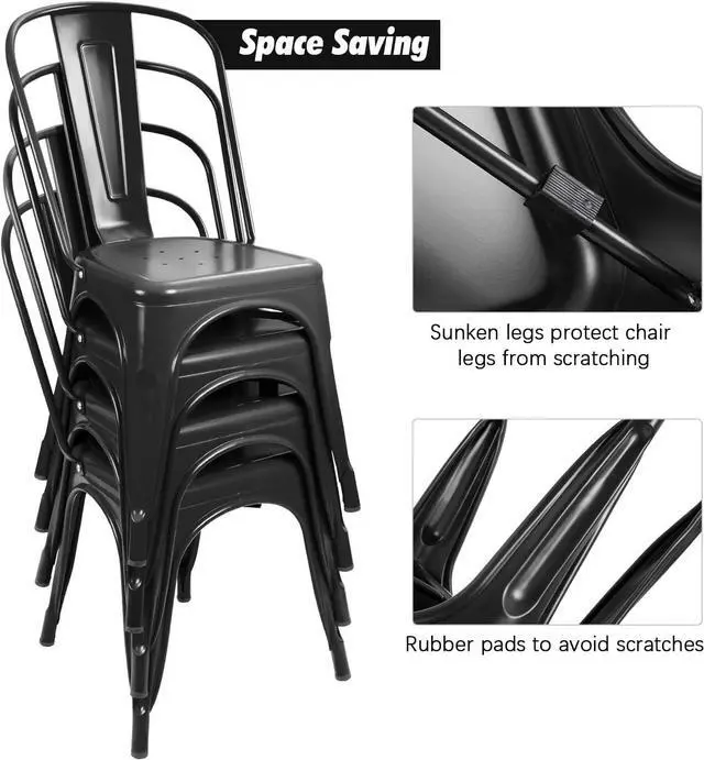 Alt view image 6 of 7 - Flamaker Metal Dining Chairs Indoor-Outdoor Use Stackable Side Chairs with Back Industrial Kitchen Classic Trattoria Chair Set of 4 (Black)