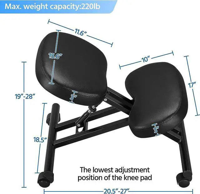 Alt view image 2 of 7 - Yaheetech Ergonomic Kneeling Chair, Adjustable Rolling Knee Stool, Black | Thick foam cushions in faux leather support an upright posture; the metal frame tilts 91-130 degrees and rolls on casters.