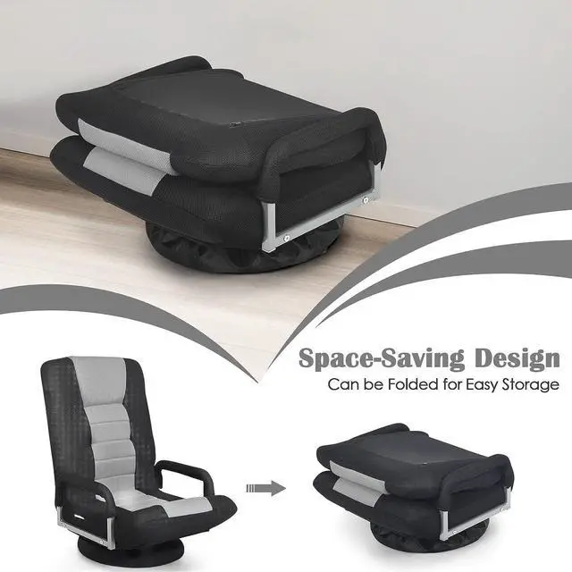 Alt view image 5 of 7 - Giantex Floor Gaming Chair, 360 Degree Swivel Floor Chair with Armrests, 6 Adjustable Position, Padded Backrest, Folding Floor Chair Rocker for Games, Lazy Sofa Lounger, Gaming Chair Floor, Black/Gray