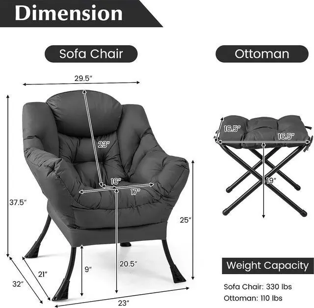 Alt view image 2 of 7 - DORTALA Modern Lazy Chair with Ottoman, Single Sofa Chair w/Side Pocket and Armrests, Soft Upholstered Modern Leisure Chairs Set, Suitable for Living Room, Bedroom, Grey, Welcome to consult