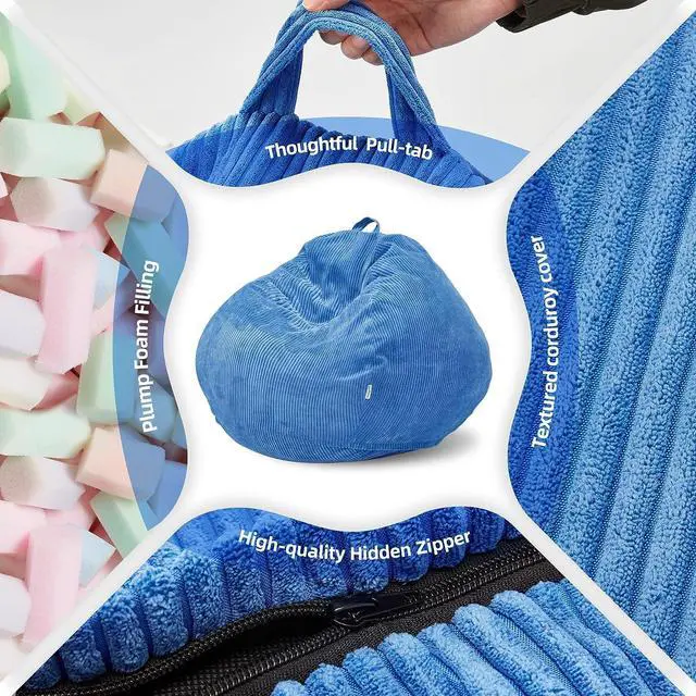 Alt view image 6 of 6 - Homguava Bean Bag Chair: Teardrop Bean Bags with Memory Foam Filled, Compact Beanbag Chairs Soft Sofa with Corduroy Cover (Blue), Welcome to consult