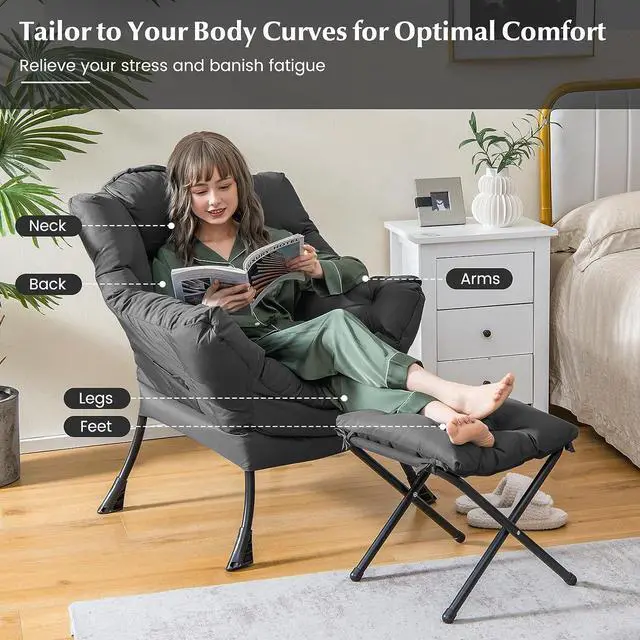 Alt view image 3 of 7 - DORTALA Modern Lazy Chair with Ottoman, Single Sofa Chair w/Side Pocket and Armrests, Soft Upholstered Modern Leisure Chairs Set, Suitable for Living Room, Bedroom, Grey, Welcome to consult