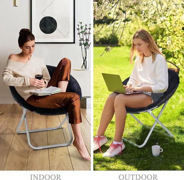 Alt view image 5 of 7 - SUPER DEAL Folding Saucer Chair, Adults Kids Portable Faux Fur Round Chair for Living Room Dorm Room Apartment, Black