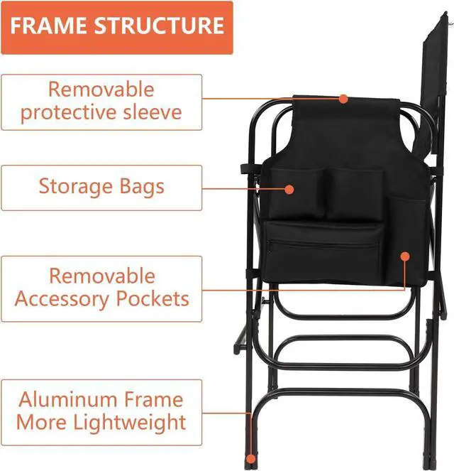 Alt view image 6 of 7 - mefeir 30" Tall Directors Chair Black Folding with Side Table Storage Bag,Portable Makeup Artist Bar Height, Aluminum Frame 300 lbs Capacity, 19.2" D x 23.6" W x 45.6" H