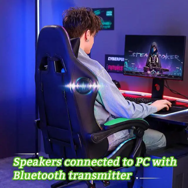 Alt view image 7 of 7 - Gaming Chair with Bluetooth Speakers and RGB LED Lights Ergonomic Massage Computer Gaming Chair with Footrest Video Game Chair High Back with Lumbar Support Light Green and Black