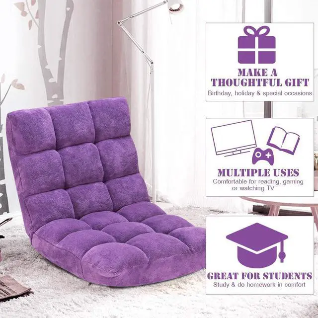 Alt view image 6 of 7 - GIANTEX Floor Chairs for Adults, Floor Gaming Chair w/Back Support (Purple) | Coral Velvet, 14 Adjustable Position, Thick Sponge Padding, Floor Seating Lounge for Reading, Watching TV, Meditation