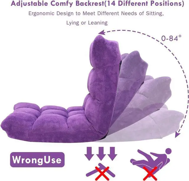 Alt view image 4 of 7 - GIANTEX Floor Chairs for Adults, Floor Gaming Chair w/Back Support (Purple) | Coral Velvet, 14 Adjustable Position, Thick Sponge Padding, Floor Seating Lounge for Reading, Watching TV, Meditation