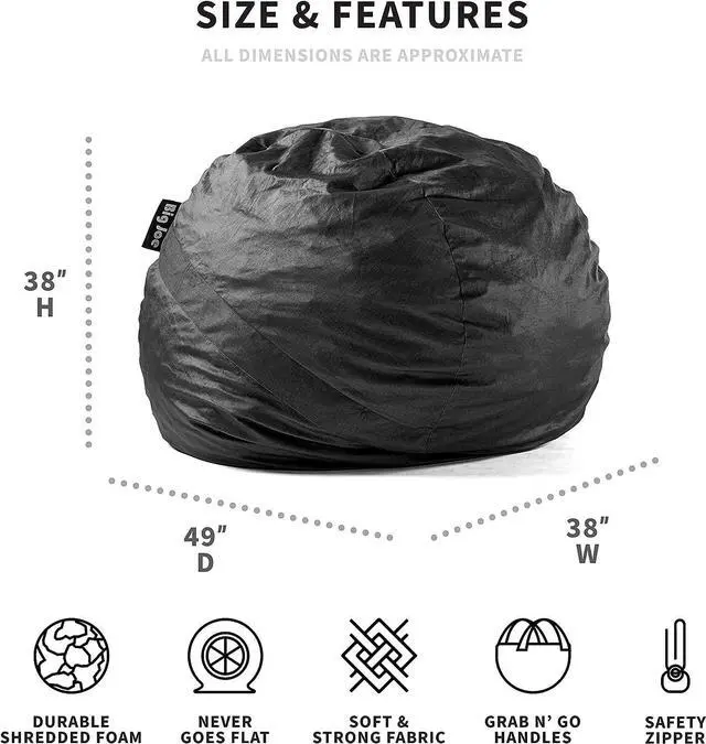 Alt view image 3 of 6 - Big Joe Fuf Large Foam Filled Bean Bag Chair with Removable Cover, Black Lenox, Durable Woven Polyester, 4 feet Big, Welcome to consult