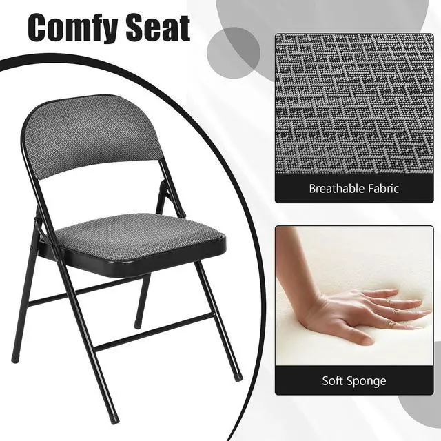 Alt view image 5 of 7 - Moccha 4 Pack Folding Chairs, Stackable Fabric Commercial Chair with Metal Frame, Lightweight Portable Foldable Chairs with Padded Seat for Home Office Wedding Party Indoor Outdoor Events (Gray)