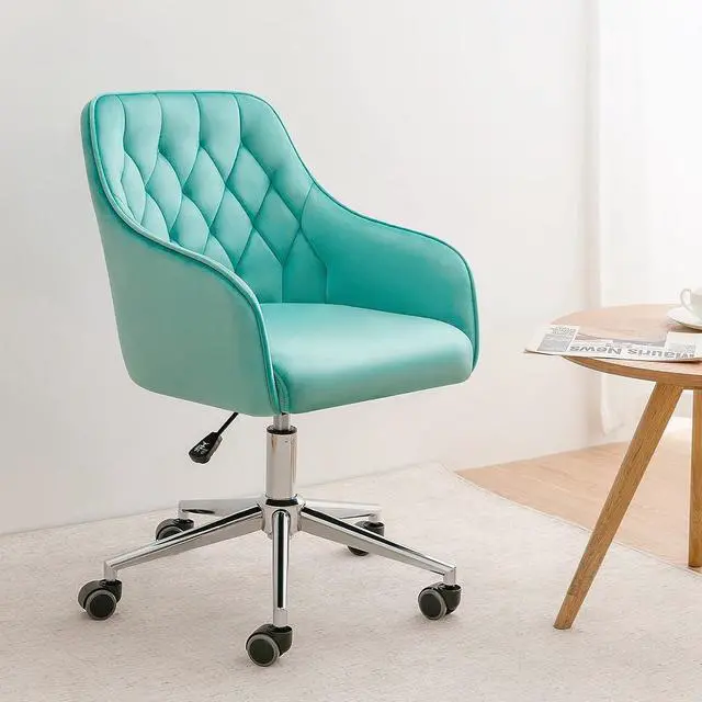 Alt view image 5 of 7 - VANSPACE Velvet Desk Chair Vanity Chair for Makeup with Wheels and Back Home Office Chair Adjustable Rolling Swivel Chair for Bedroom Vanity Room Green