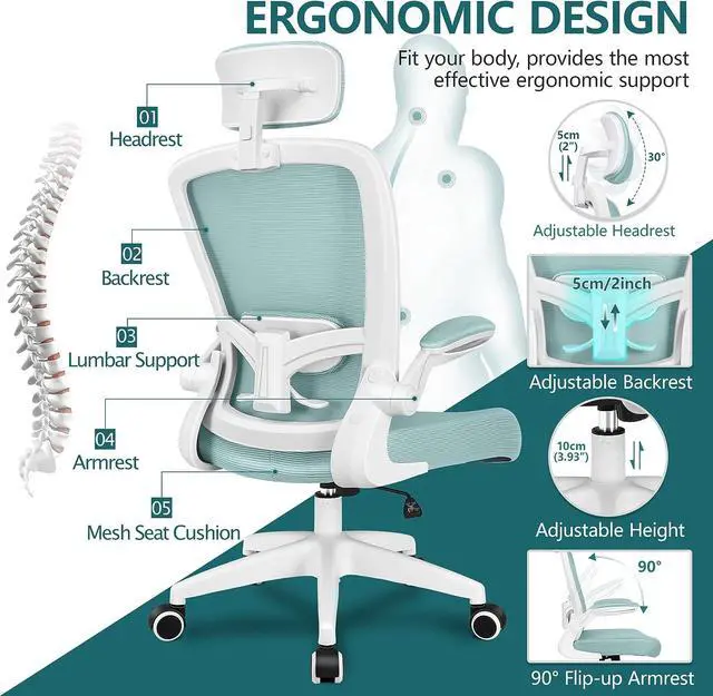 Alt view image 3 of 7 - FelixKing Ergonomic Office Chair, Headrest Desk Chair Office Chair with Adjustable Lumbar Support, Home Office Swivel Task Chair with High Back and Armrest, Adjustable Height Gaming Chair(Light Blue)