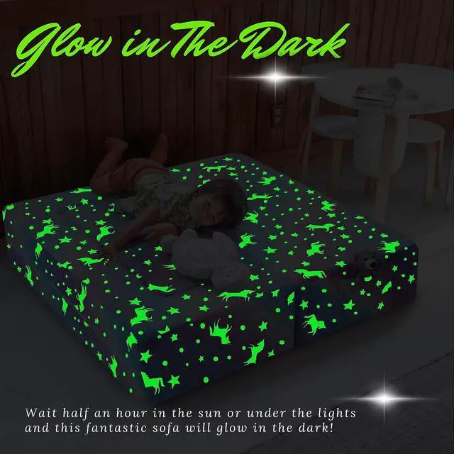 Alt view image 4 of 7 - MeMoreCool Kids Sofa Couch  Glow in the Dark Rainbow Unicorn Modular Play Couch for Toddlers, Fold Out Foam Blocks Convertible Chair for Bedroom, Playroom & Indoor Fun