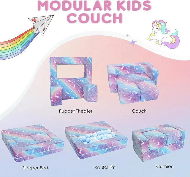 Alt view image 3 of 7 - MeMoreCool Kids Sofa Couch  Glow in the Dark Rainbow Unicorn Modular Play Couch for Toddlers, Fold Out Foam Blocks Convertible Chair for Bedroom, Playroom & Indoor Fun