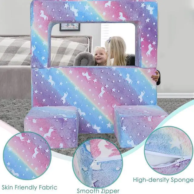 Alt view image 6 of 7 - MeMoreCool Kids Sofa Couch  Glow in the Dark Rainbow Unicorn Modular Play Couch for Toddlers, Fold Out Foam Blocks Convertible Chair for Bedroom, Playroom & Indoor Fun