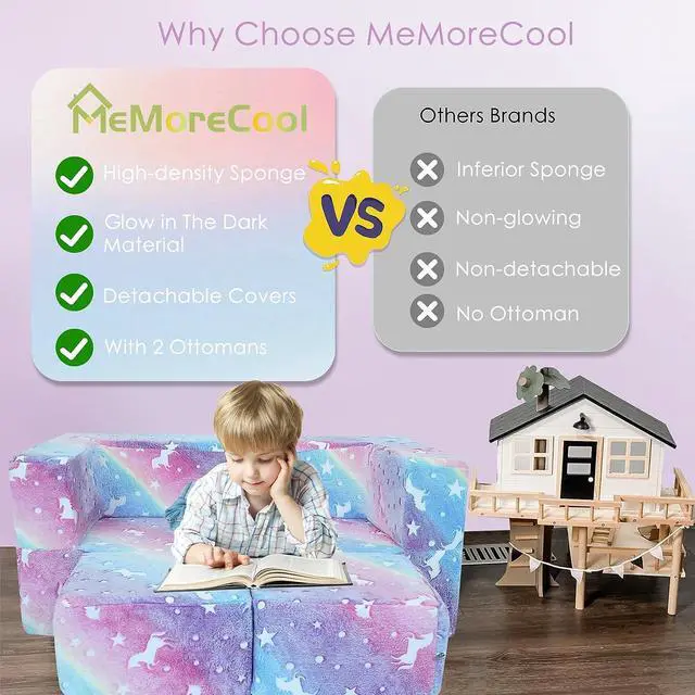 Alt view image 2 of 7 - MeMoreCool Kids Sofa Couch  Glow in the Dark Rainbow Unicorn Modular Play Couch for Toddlers, Fold Out Foam Blocks Convertible Chair for Bedroom, Playroom & Indoor Fun