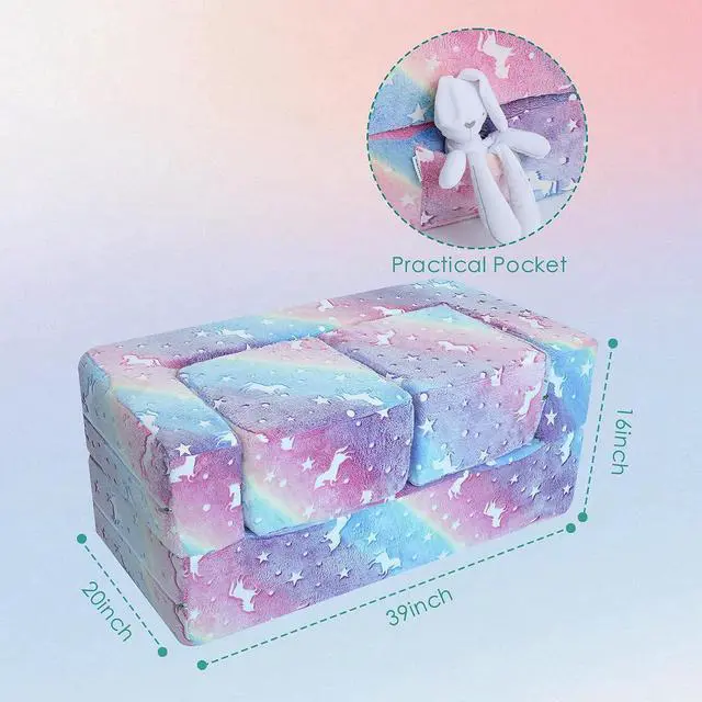 Alt view image 7 of 7 - MeMoreCool Kids Sofa Couch  Glow in the Dark Rainbow Unicorn Modular Play Couch for Toddlers, Fold Out Foam Blocks Convertible Chair for Bedroom, Playroom & Indoor Fun