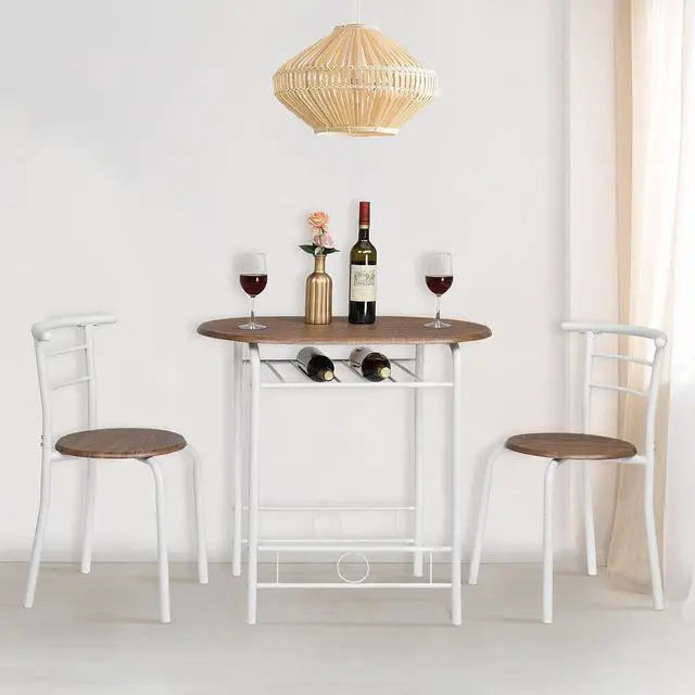 Alt view image 2 of 7 - VINGLI 3 Piece Dining Set,Small Kitchen Table Set for 2,Breakfast Table Set,Kitchen Wooden Table and 2 Chairs for Small Space/Dining Room/Apartment,Metal Frame,Wine Rack,White&Warm Oak