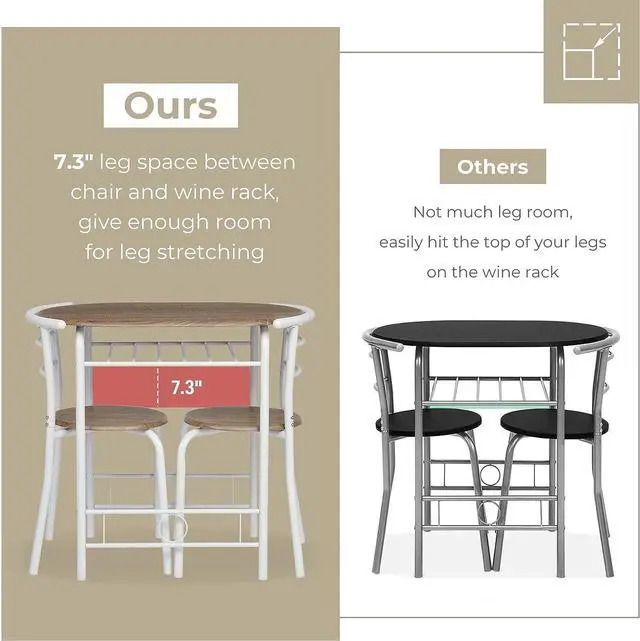 Alt view image 5 of 7 - VINGLI 3 Piece Dining Set,Small Kitchen Table Set for 2,Breakfast Table Set,Kitchen Wooden Table and 2 Chairs for Small Space/Dining Room/Apartment,Metal Frame,Wine Rack,White&Warm Oak