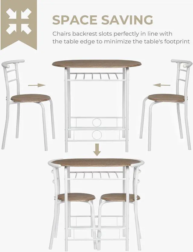 Alt view image 6 of 7 - VINGLI 3 Piece Dining Set,Small Kitchen Table Set for 2,Breakfast Table Set,Kitchen Wooden Table and 2 Chairs for Small Space/Dining Room/Apartment,Metal Frame,Wine Rack,White&Warm Oak