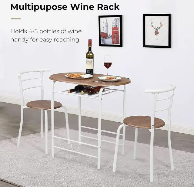 Alt view image 4 of 7 - VINGLI 3 Piece Dining Set,Small Kitchen Table Set for 2,Breakfast Table Set,Kitchen Wooden Table and 2 Chairs for Small Space/Dining Room/Apartment,Metal Frame,Wine Rack,White&Warm Oak