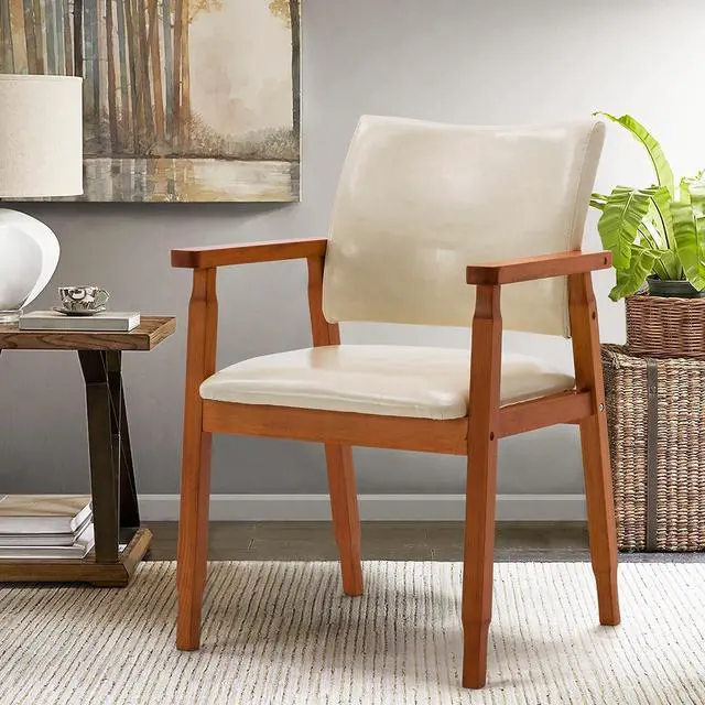Main image of NOB Mid-Century Dining Side Chair with Faux Leather Seat in Beige, handrail Chair