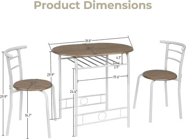 Alt view image 7 of 7 - VINGLI 3 Piece Dining Set,Small Kitchen Table Set for 2,Breakfast Table Set,Kitchen Wooden Table and 2 Chairs for Small Space/Dining Room/Apartment,Metal Frame,Wine Rack,White&Warm Oak