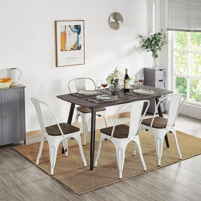 Alt view image 2 of 7 - Yaheetech Metal Dining Chairs with Wood Seat/Top Stackable Side Chairs Kitchen Chairs with Back Indoor-Outdoor Classic/Chic/Industrial/Vintage Bistro Cafe Trattoria Kitchen Distressed White, Set of 4